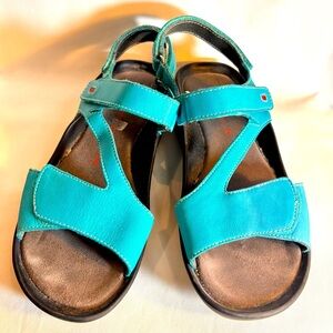 WOLKY Sz 42 Turquoise Strappy Sandals with Velcro Closure at Ankle and Toe Cap